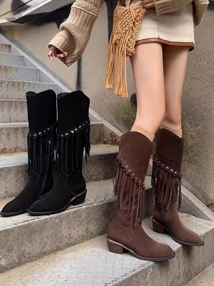 

Fall Winter Long Tube Booties Women's Western Cowboy Knight Boots Pointed Toe over Knee Suede Faion Boots Ankle Strap