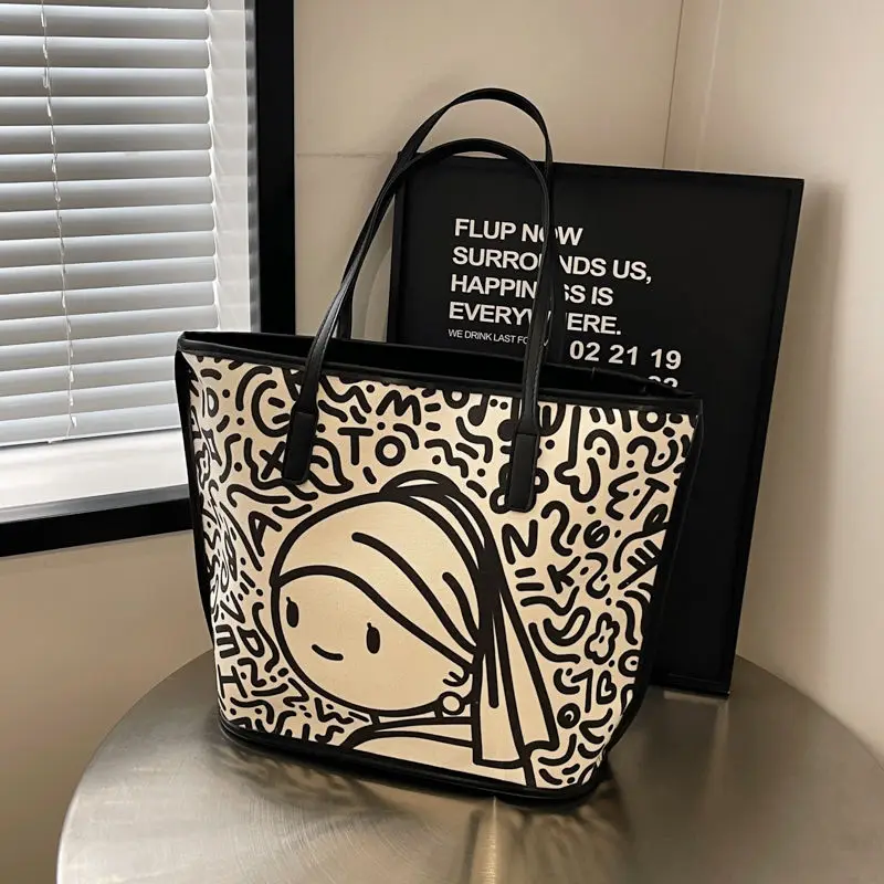 New Handbag Cute Design Casual Bucket Bag 2024 Canvas Fashion Leisure Commuting Large Capacity One-shoulder Tote Bags Women