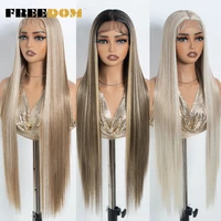 Pelucas delanteras de encaje sintético FREEDOM para mujer, pelucas de encaje largas y rectas de 36 pulgadas, degradado, rojo, Rubio y marrón, peluca de Cosplay destacada