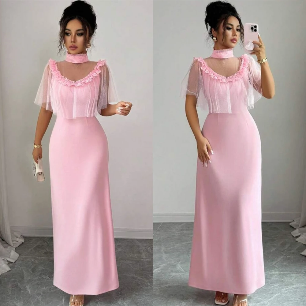 

Customized Simple Satin Strapless Evening Dress Luxury High Collar Prom Dresses Temperament Short Sleeves Special Occasion Gowns