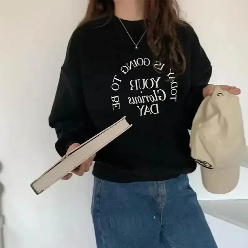 韓国シックなパーカー女性カジュアル特大トップス O ネック長袖ストリートレター印刷 Y2k スウェット 2025 Ropa Mujer