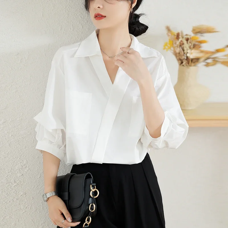 Chiffon. Vintage Women Blouses Summer Blouses Solid Women's Shirts V-neck Clothing Sales Loose Short Sleeve White Korean Tops