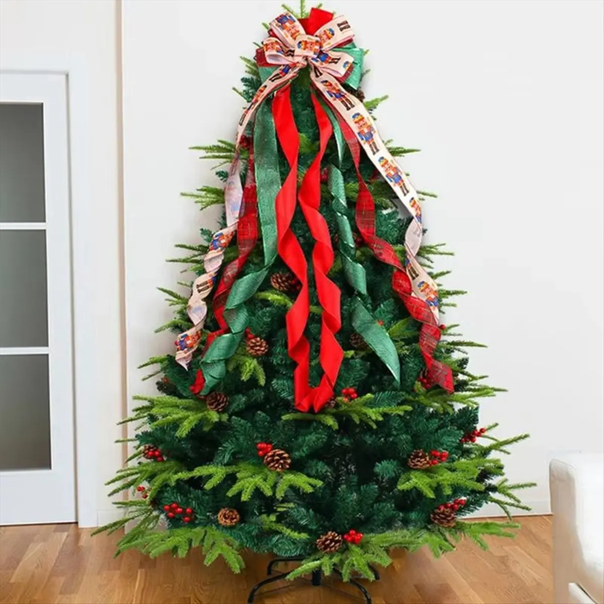 2026 Trend Christmas TreeTopper Bow Christmas Wreath Bow 49.6x11.8 Inches Large Burlap with Red Polyester Edge Gift Bow