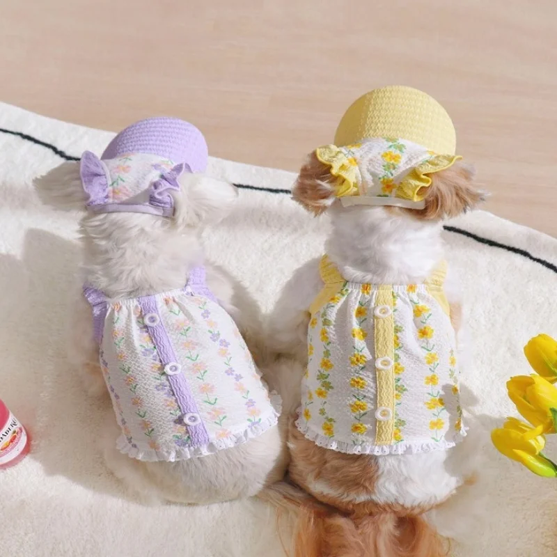 Fashion Flower Print Dog Vest Summer Cool Dog Clothes Cute Puppy Suspender Vest Princess Cat Skirt Chihuahua Pet Vest Dog Dress