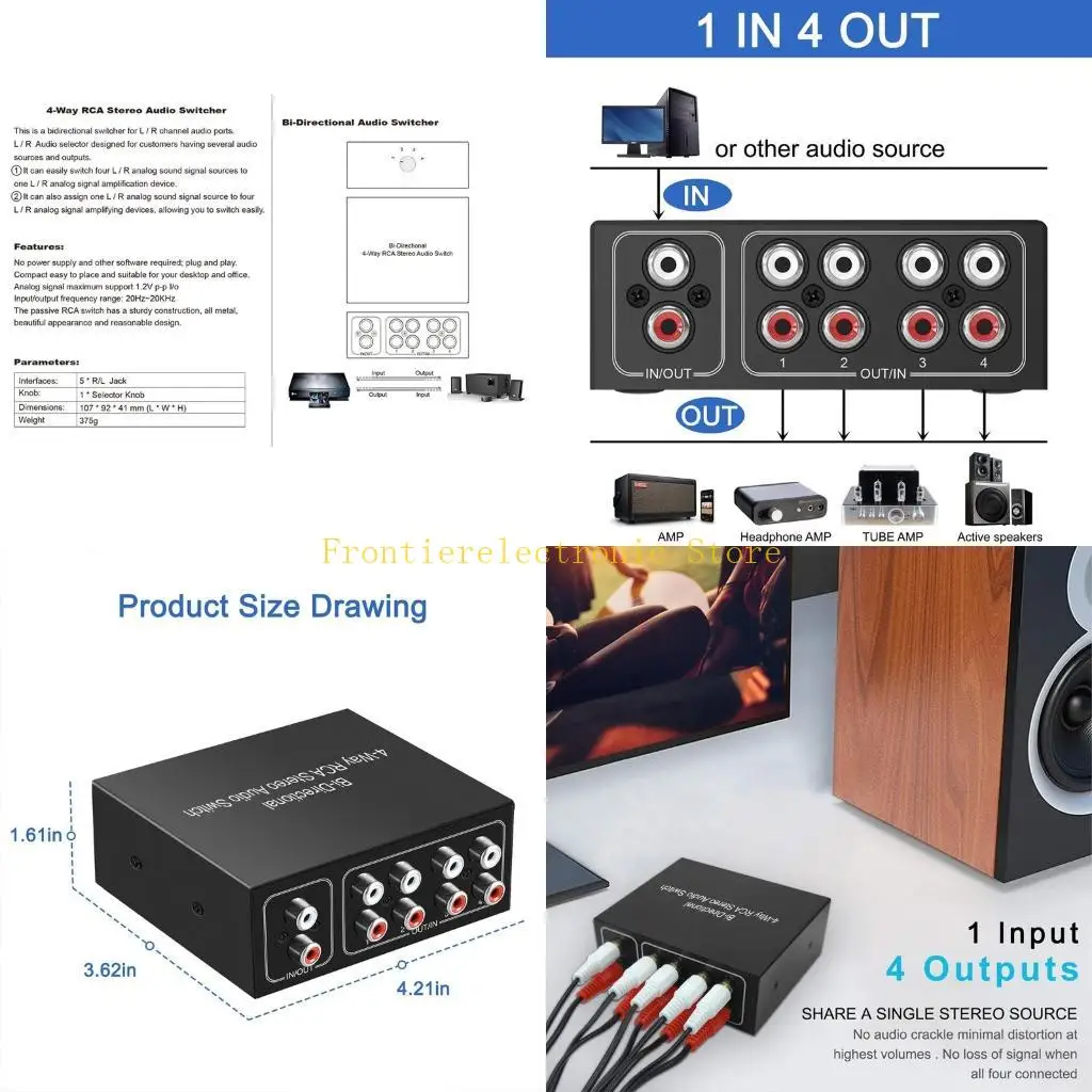 

G8DB 1 в 4 выхода или 4 в 1 выходе л/правый звуковой канал аудиопереключатель сплиттер металлический для корпуса