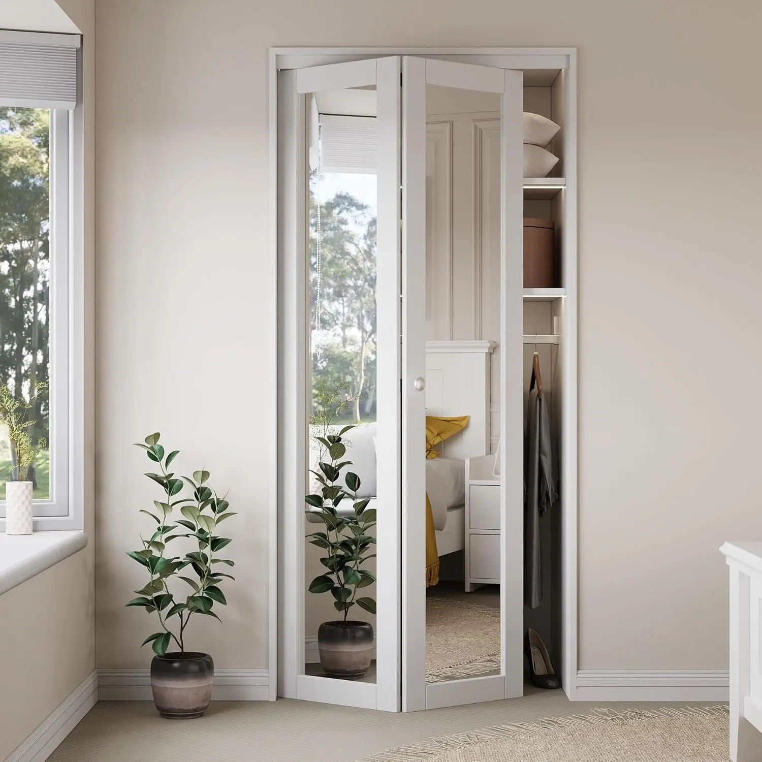 باب ثنائي الطي بمرآة مقاس 36 بوصة × 80 بوصة، قم ببناء لوحات عالية الجودة مع سطح مقاوم للماء والخدش، وخزانة داخلية وباب مخزن