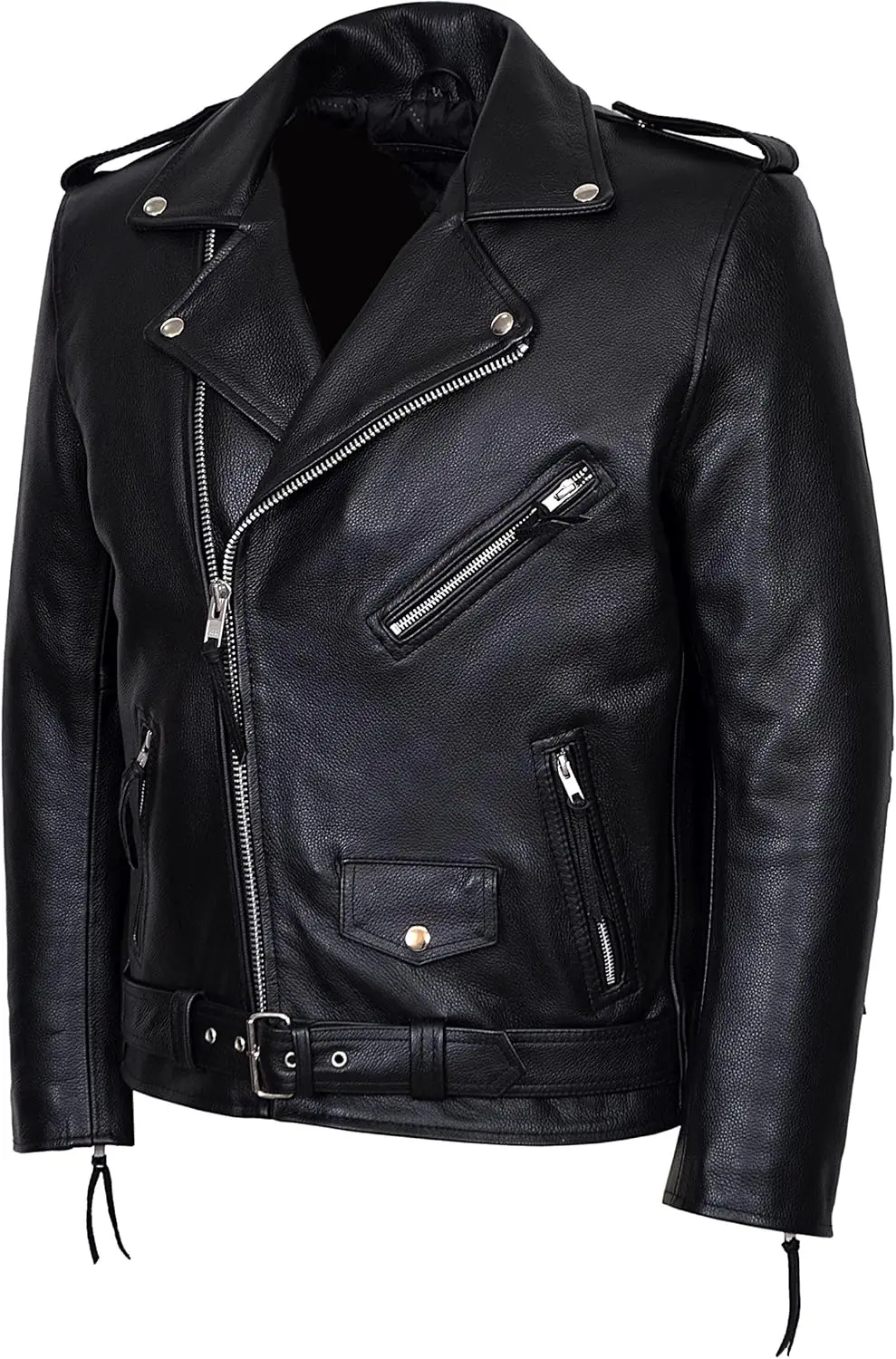 

New Brando Fringe Black Men's Motorcycle Biker Cowhide Real Rock Leather Jacket MBF