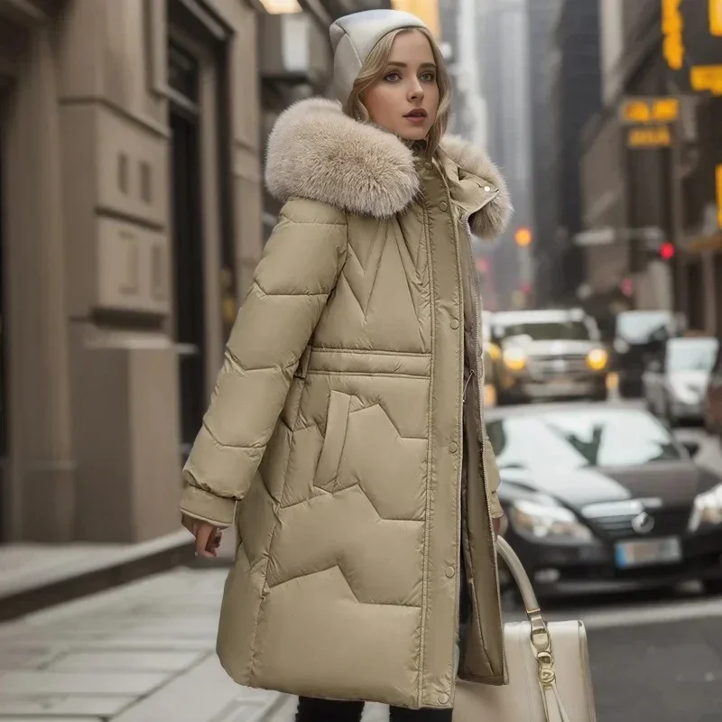 Pop Pop 2025 Mode Effen Lange Parka's Met Capuchon Trekkoord Losse Casual Winterjassen Dames Capuchon Bontkraag Dons Katoen Uitloper