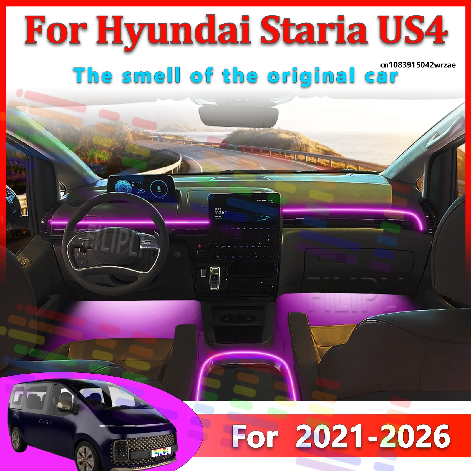 For Hyundai Staria 2026Y US4 Car LED Ambient Lamps Colorful Atmosphere Lights Auto Interior Neon Strip App Control 64 RGB Light