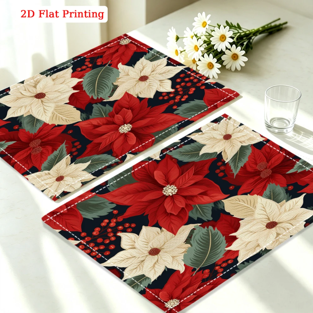 1Pc Christmas Floral Placemat Red Poinsettia Berry Print Table Mat For Dining Kitchen Party Decoration Use 30X40Cm Cover