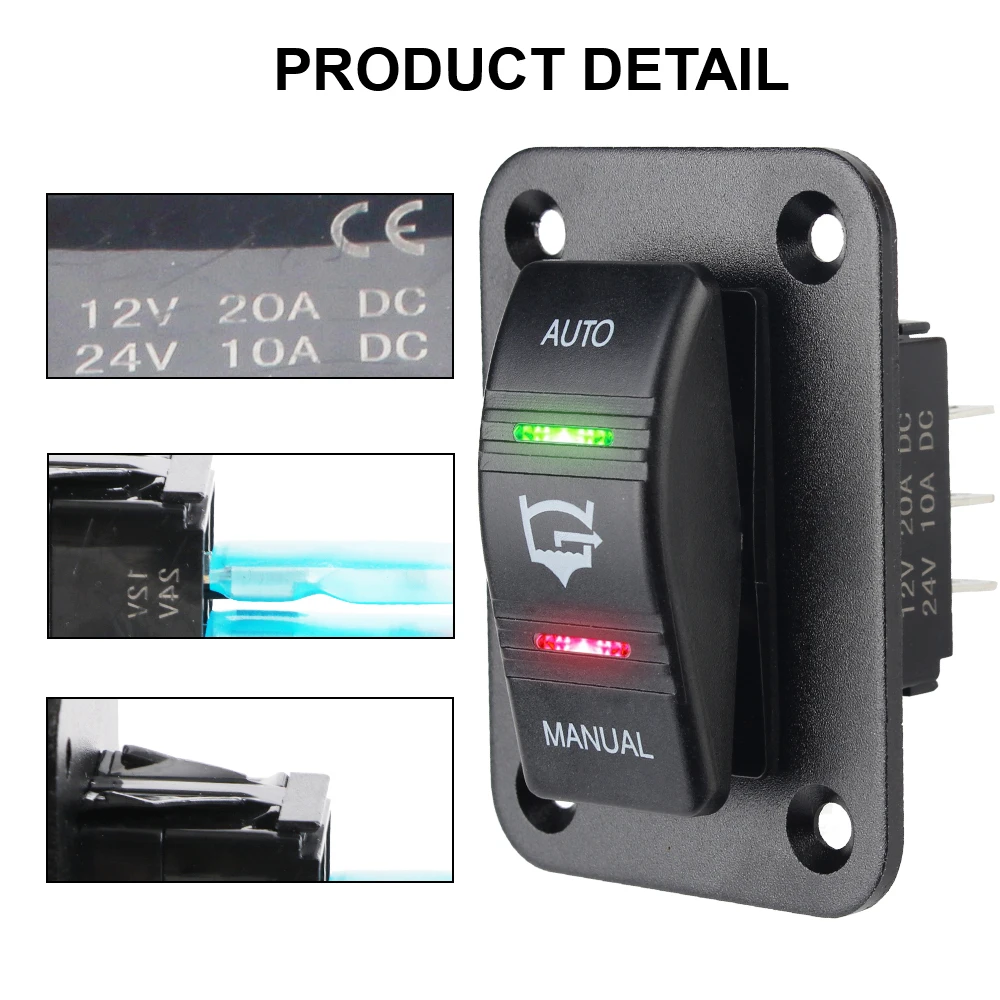 20A 12V 24V Bilge Pump Switch Panel Auto/Off/Manual Control 3 Way 4 Pin with LED Indicator SPDT Car Lights Toggle Rocker Switch