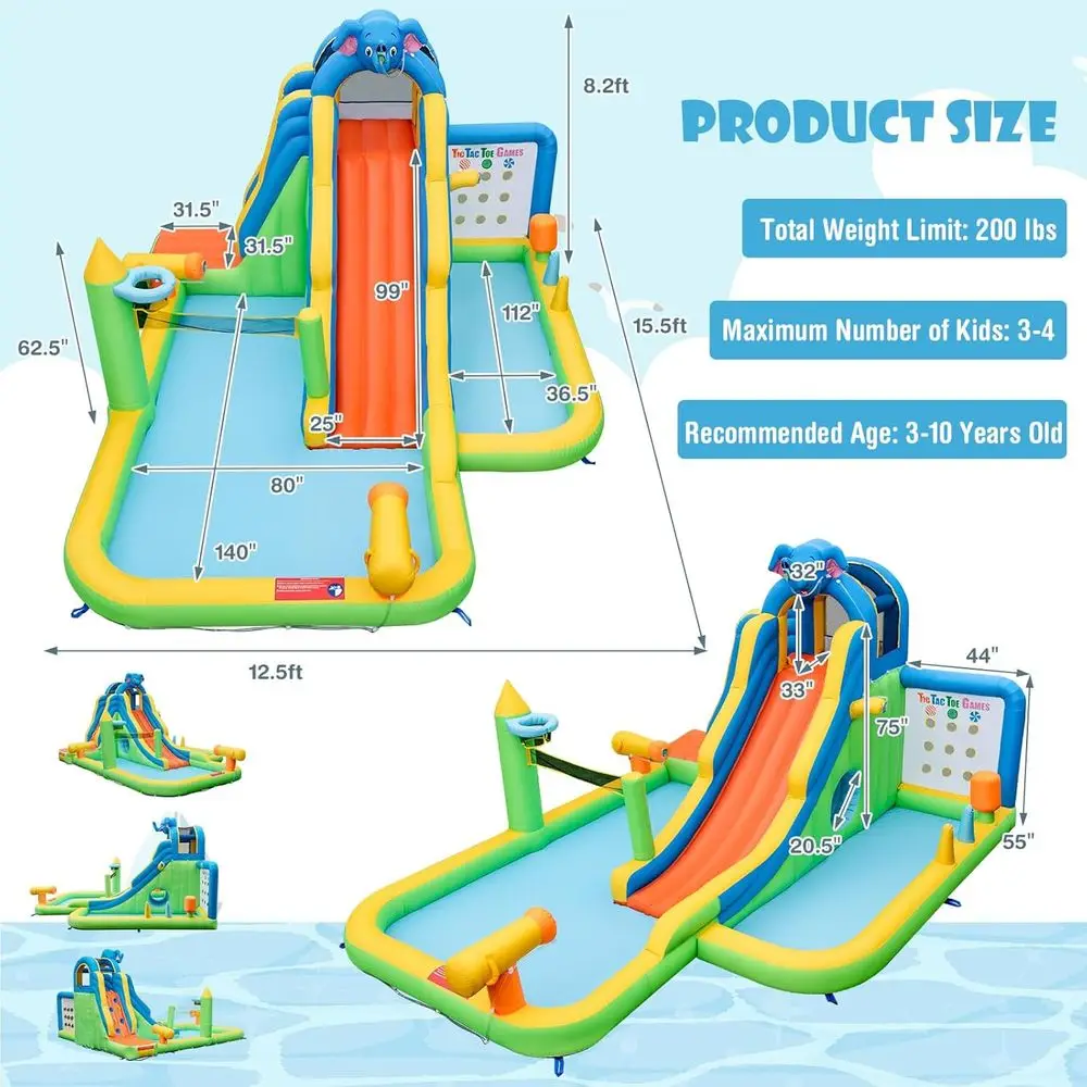 Iatable Water Slide, 9-in-1 gigantische waterglijbaan Iatables Waterpark met splash-zwembaden, Tic Tac Toe & Climbing Wall, Outdoor Blow