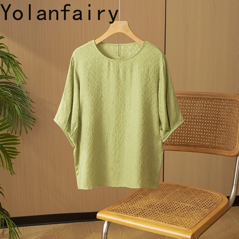 YOLANFAIRY ريال 100% التوت الحرير تي شيرت للمرأة الجولة الرقبة فضفاضة عادية تنوعا تيز الصيف بلايز أنيقة تي شيرت السيدات