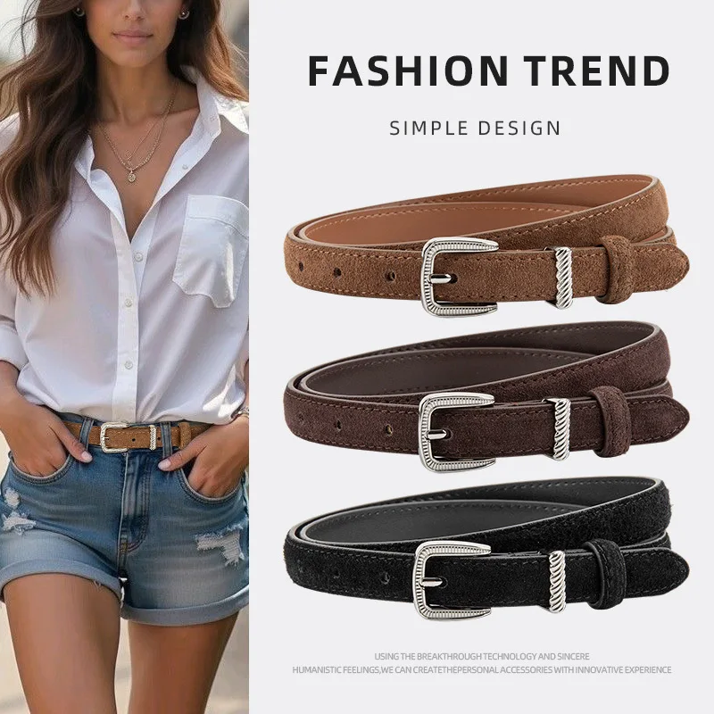 

New Fashionable Frosted Suede Leather Belt for Women Paired with Retro Jeans and Decorated with Trendy Genuine Leather Belts