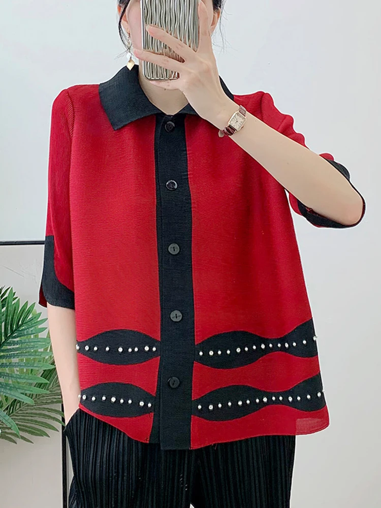 LANMREM Contrast Color Pleated Shirt Women Casual Lapel Half Sleeves Single Breasted Tops 2023 Fashion New Clothing 2AA1501