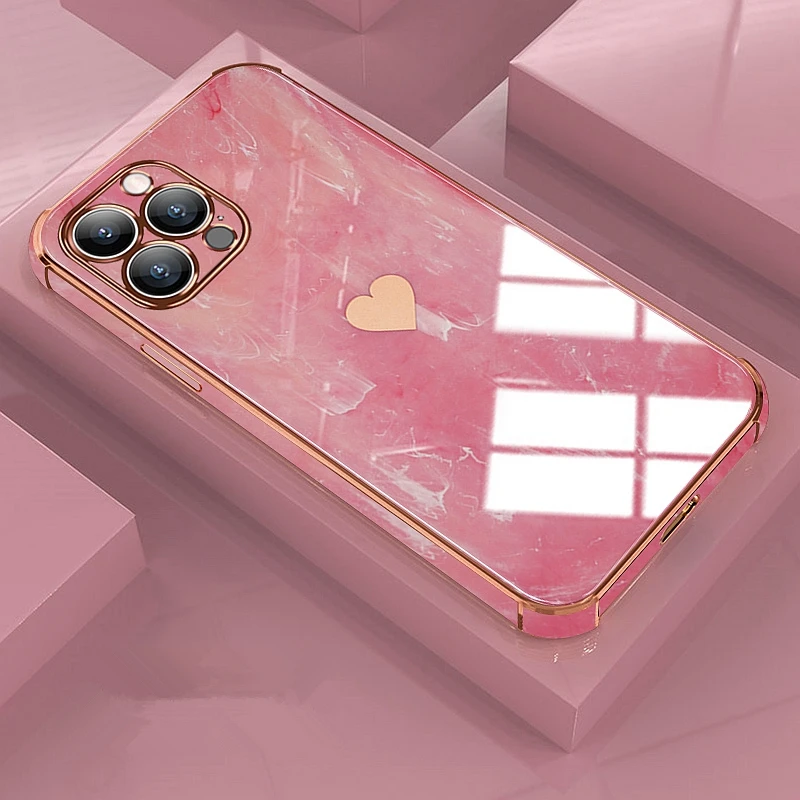 Luxury Love Heart Marble Phone Case For iPhone 11 12 13 Pro Max X XS XR Max 7 8 Plus SE 2020 Electroplated Cases Cover