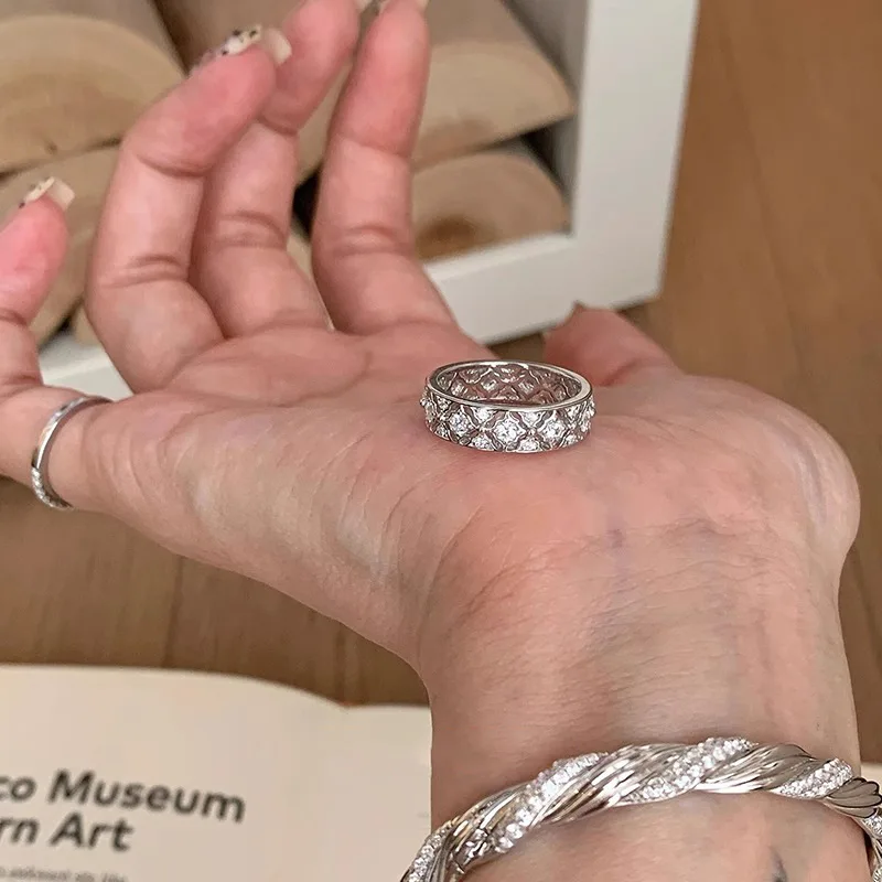 Ring Vintage Palace Filigree Floral Hollow Set Zirconia Silver Plated Adjustable Unique Daily Commute Elegant Jewelry Women