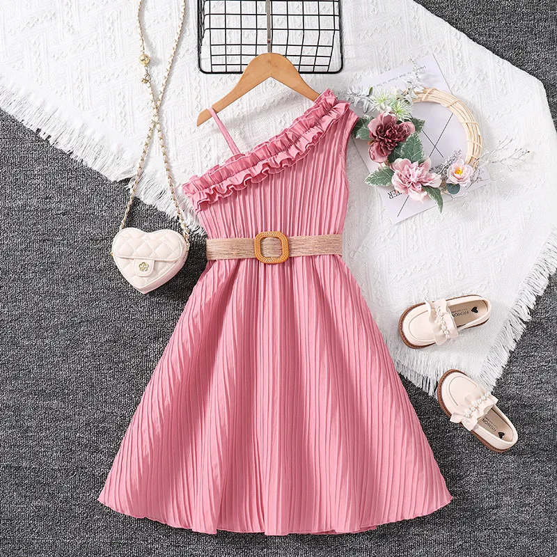 3-14 Years New Sloping Shoulders Summer Princess Girls Dress Fashion Belt Design Dress For Kids Children Birthday Present