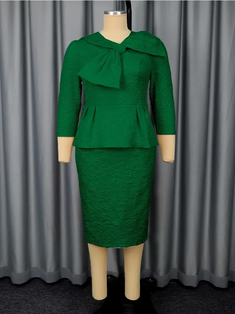 Women's Elegant Jacquard Dress V-Neck 3/4 Sleeve Peplum Belly Cover Bow Hip Slit Classy Evening Party Wedding Guest Gown