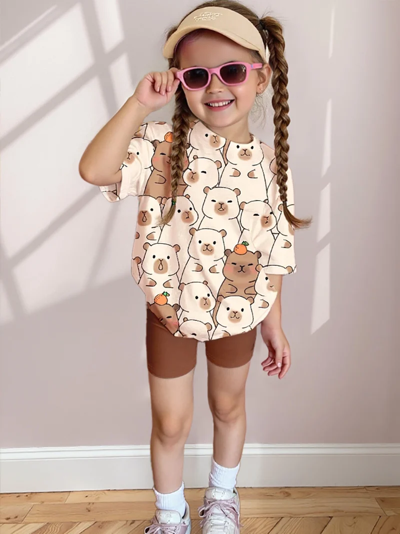 2Pcs Girls' Summer Shorts Set: Cute Cartoon 