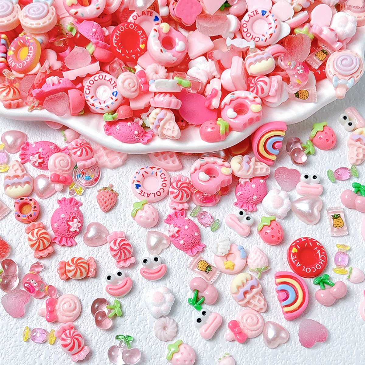 3D Sweet Pink Series Resin Nail Charms Simulated Candy Cherry Heart Donut Mixed Nail Accessories for DIY Hairpin Nails Ornaments