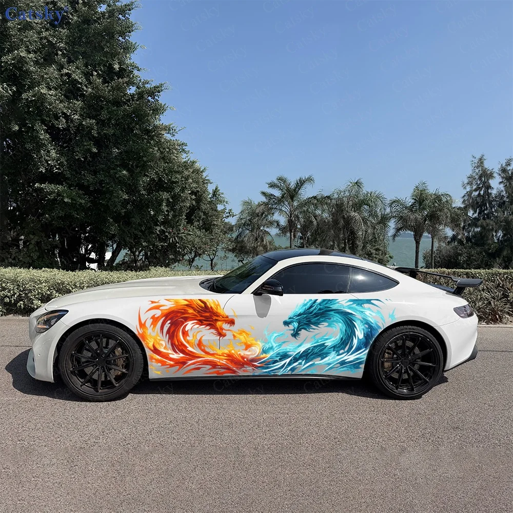 2Pcs Fire and Ice Dragon Clash Artwork Car Side Stickers, Automotive Door Side Graphics for Cars, Car Decoration Accessory
