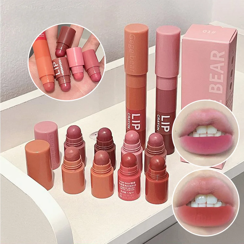 Gege Bear 4 w 1 Velvet Matte Crayon Lipstick Super Stay Makeup Pink Red Long Wear Waterpoof Non-Stick Cup Tiny Lip Stick