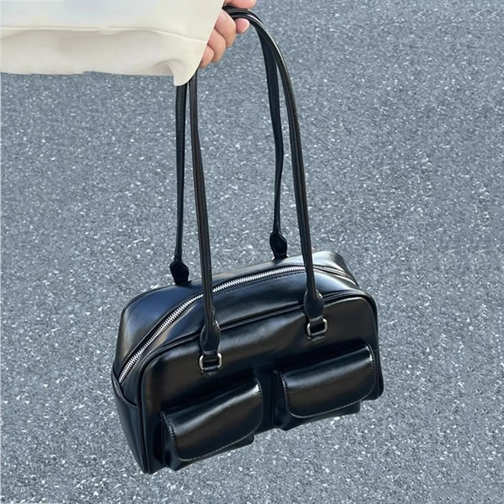 Women Autumn Winter Oil Wax PU Leather Tote Bag Solid Color Multiple Pockets Hand-held Bags Fashion Korean Underarm Shoulder Bag