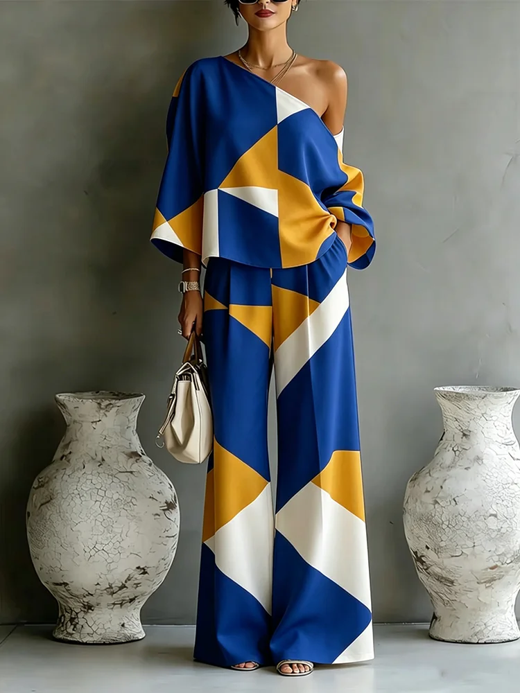 

Women's Fashion Color Block Geometric Print Two Piece Set One Shoulder Top Wide Leg Pants Summer Trendy Street Matching Outfit