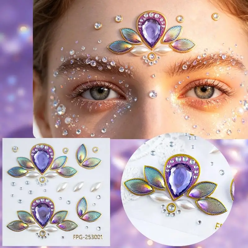Face Jewel Stickers Iridescent Rhinestone Self Adhesive No Irritation for Club Night Festival Rave Makeup