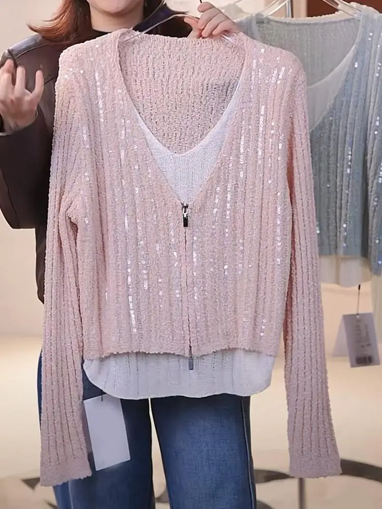 

Розовый антивозрастной вязаный свитер с пайетками и V-образным вырезом, женский, весна-осень, приталенный, с длинным рукавом, имитация комплекта из двух предметов