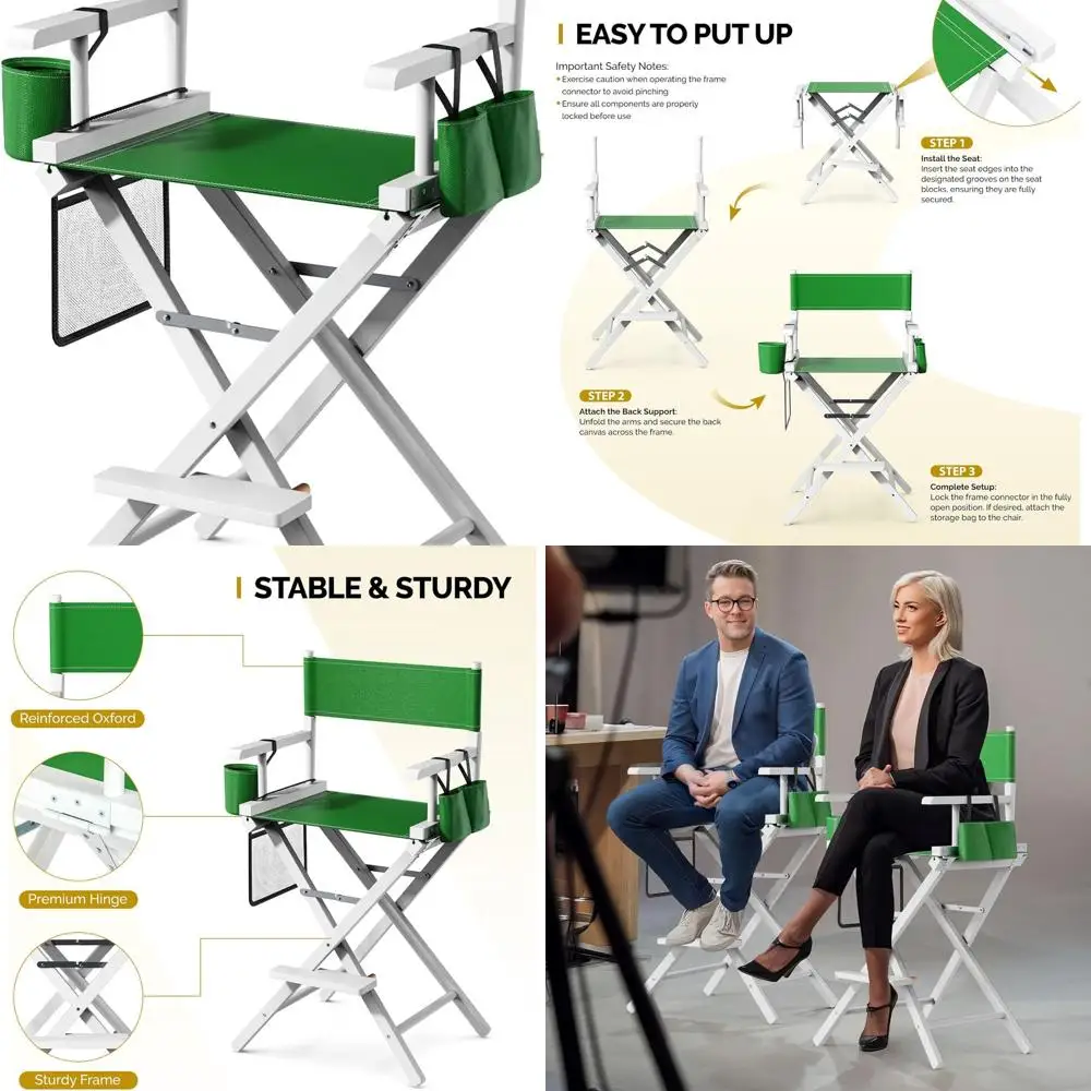 

Olive Green 26 High Wooden Folding Chair with Storage Pouch and Footrest, Ideal for Salons, Events, and Mobile Services, Support