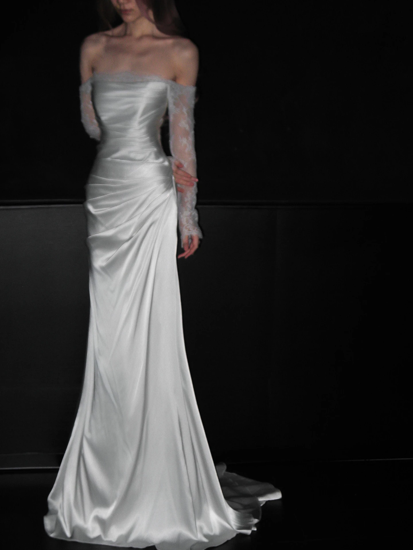 

Ele Lace Long Sve Wedding Dr One oulder Satin Fini Engagement Par Slimming Super Fairy T Sle Cusizable