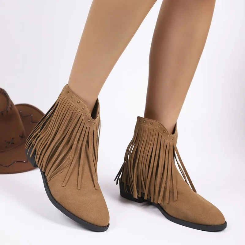 

Tassel Booties French Vintage Round Toe Cow Suede Back Zip Soft Sole Non-Slip Block Heel Single