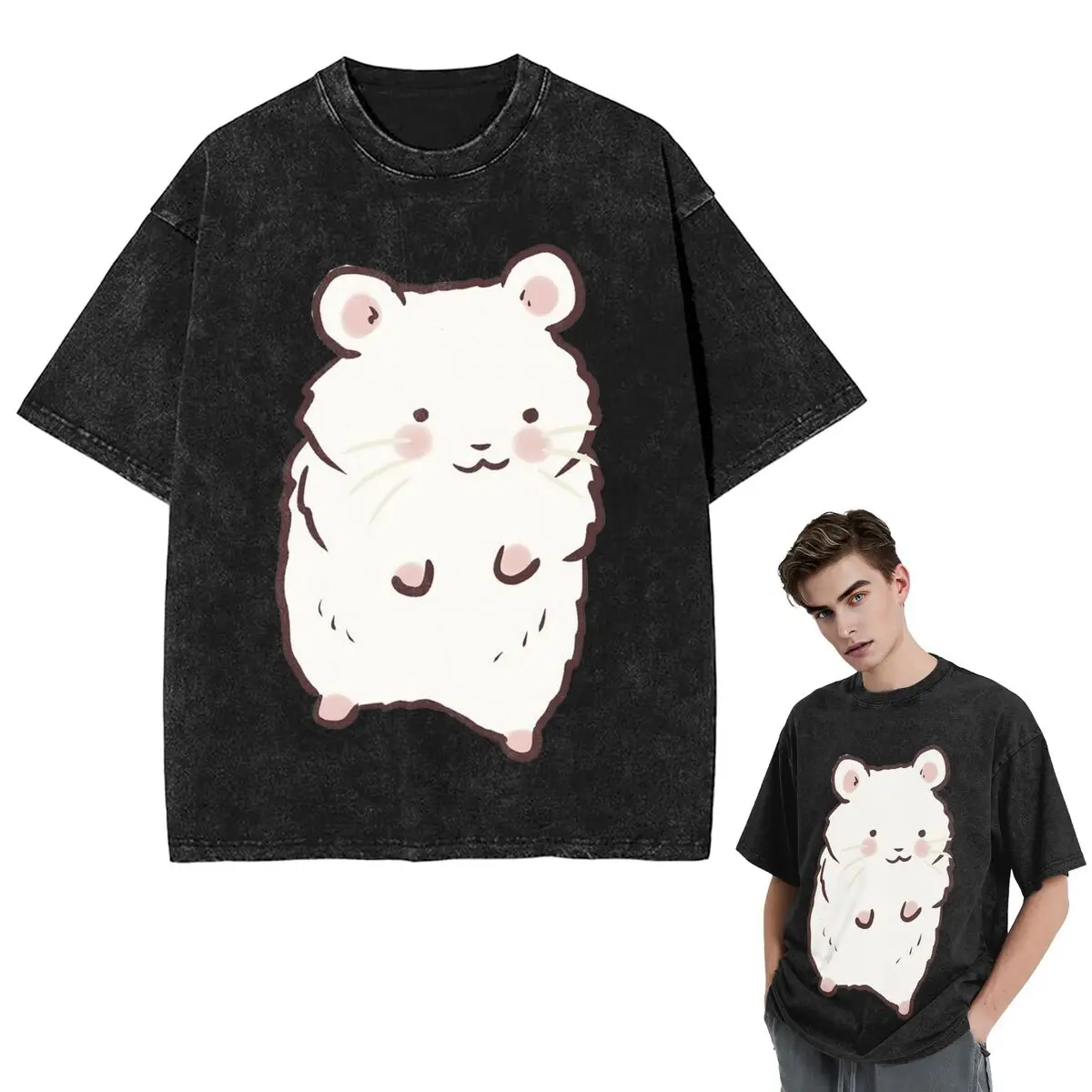 Streetwear T-Shirts Cute Hamster Drawing Washed T Shirt Short Sleeve Hip Hop T-Shirt Tops Tees for Men Women