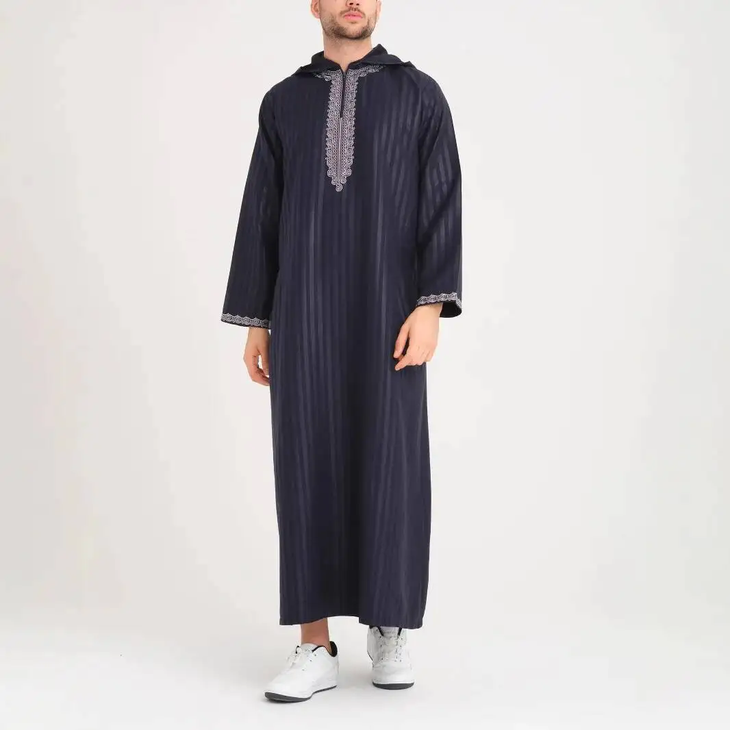 

2026 New Muslim Long Sleeve Embroidered Striped Robe Moroccan Men's Hooded Robe Side Mouth Ramadan Dubai Luxury Islam Elegant