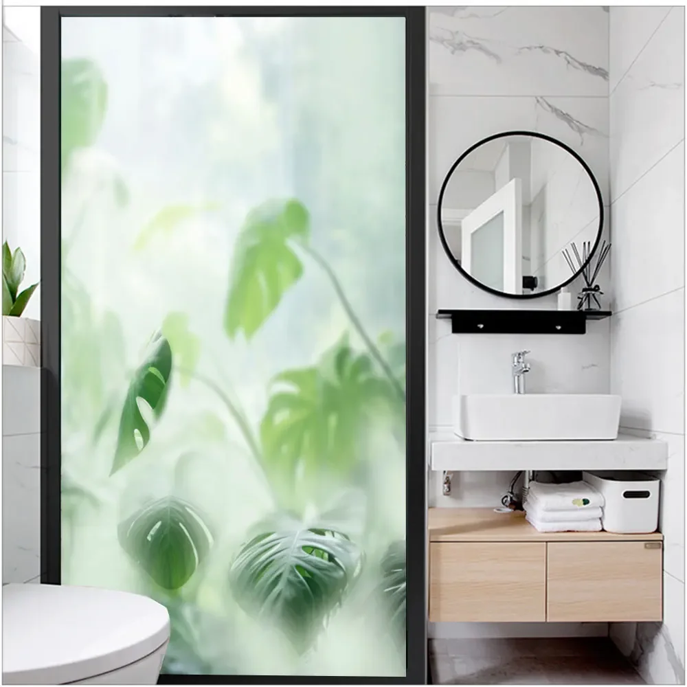 Película de privacidad para ventana adhesiva estática sin pegamento, pegatinas para ventana con patrón de planta verde, tinte para ventana para el