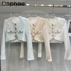 Shiny Drill Buckle Sequined Short Coat Female 2023 spring Autumn New round Neck Long Sleeve Beaded Suit Jacket for Women