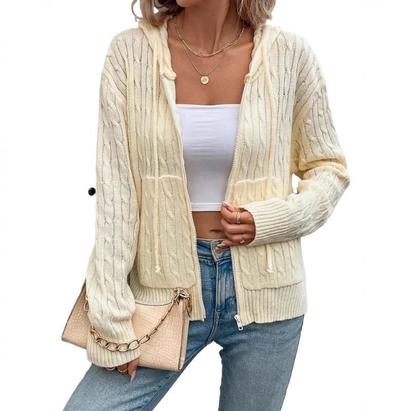 

New Autumn Women's Hooded Cork Solid Color Sweater Cardigan