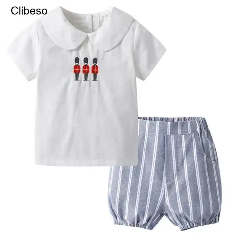 

2024 Clibeso Newborns Baby Boys Cotton Set Embroidered Top And Stripes Shorts Suits Kids T Shirts Pants Two-Piece Set Summer New