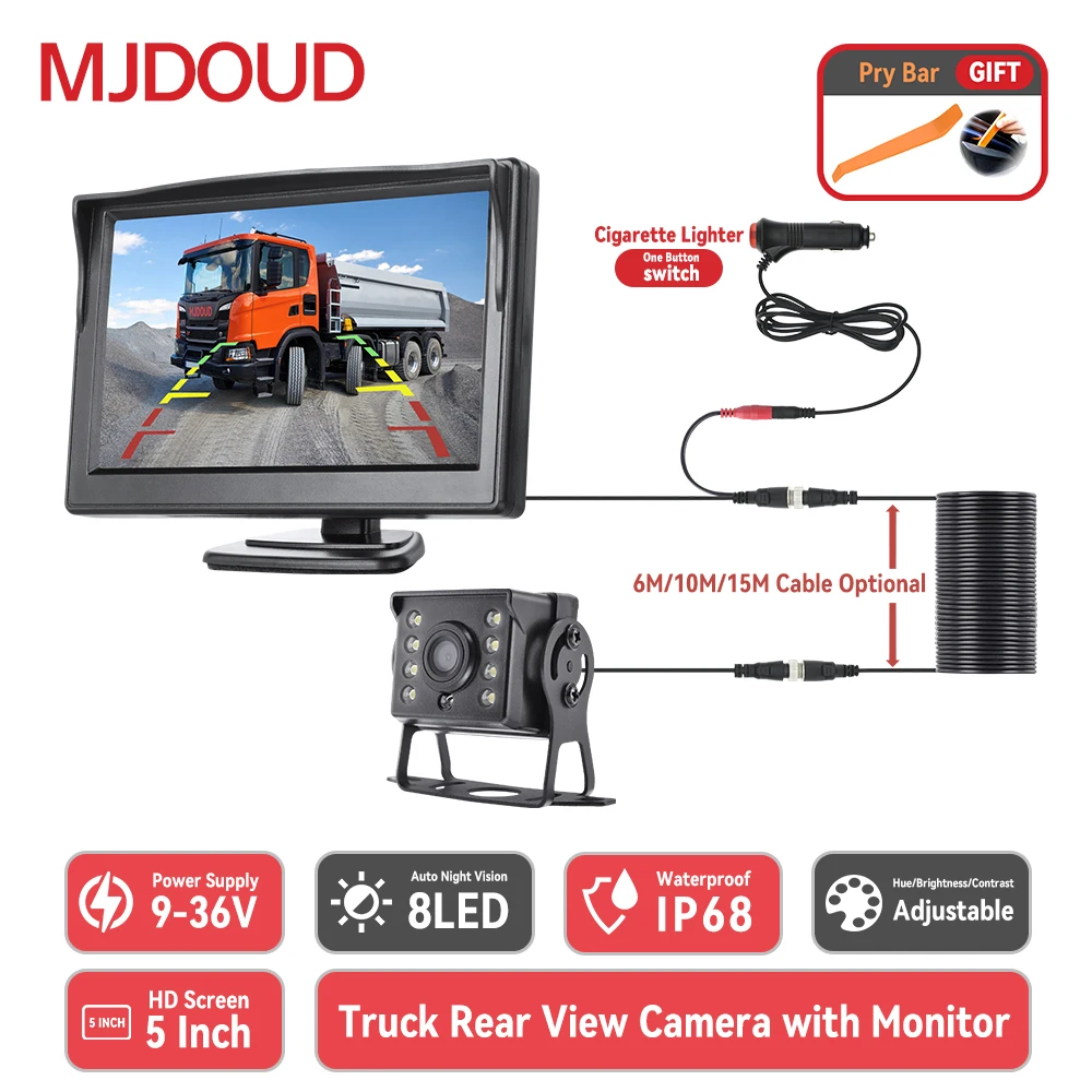 

MJDOUD Truck Reversing Camera with Monitor 5 Inch HD 16:9 Screen 12/24V Universal Power Waterproof Rear View Camera for Parking