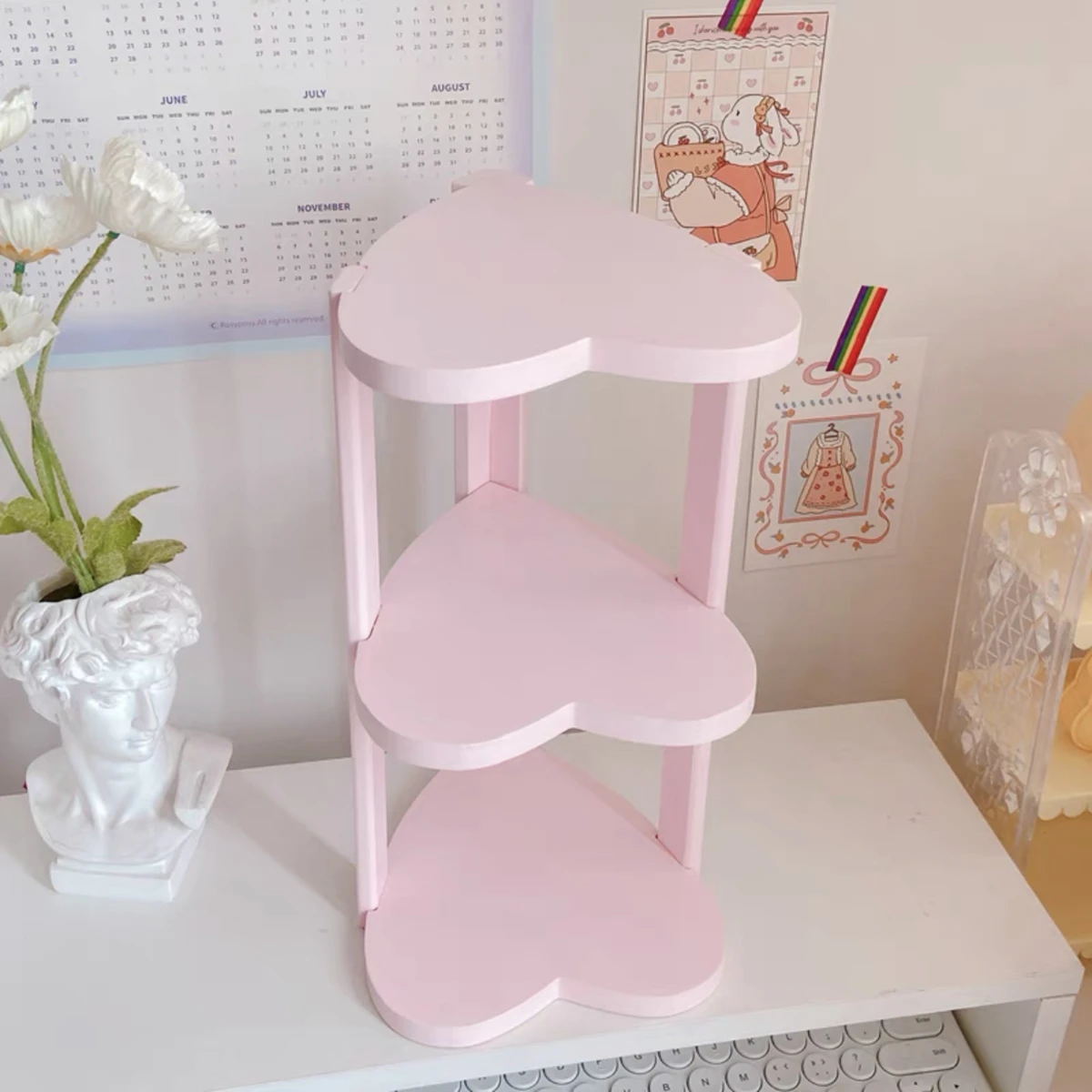 소녀를 위한 신선한 레이스 3층 선반, 핑크 데스크탑, 인형 선반, 화장품, 학생 기숙사, 보관 디스플레이, 캐비닛 정리함