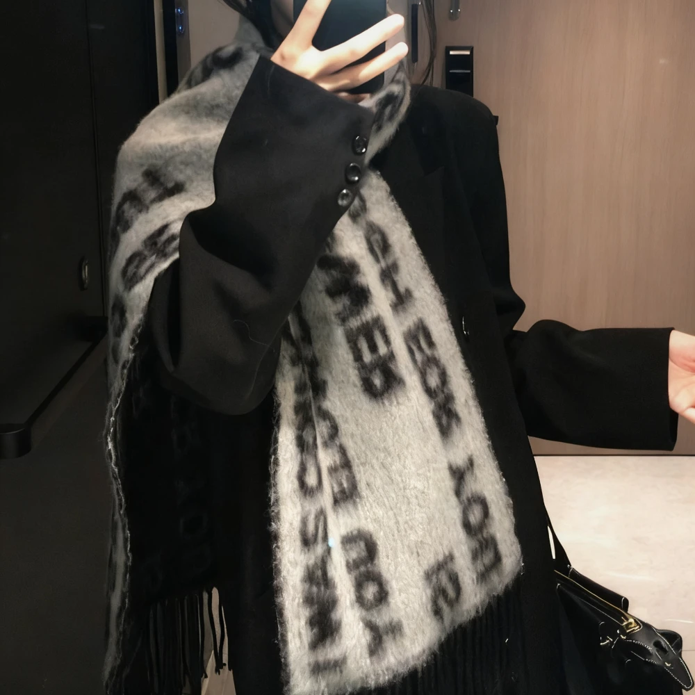 الكورية Ins نمط خطابات تحتوي على الصوف وشاح طويل فاسق الهيب هوب الرجعية وشاح أسود خمر الحياكة المد كول للجنسين وشاح #5