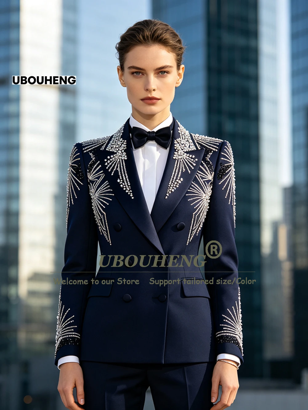 Brilliant Crystals Beading Suits Women Slim Fit Navy Blue Bride's Mother Dress Customized Double Breasted Lady Business Clothing