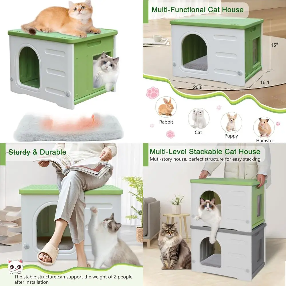 

Durable Outdoor Cat Shelter with Waterproof Escape Hatch, Easy Assembly Green Cat House for Feral Cats with Bedding