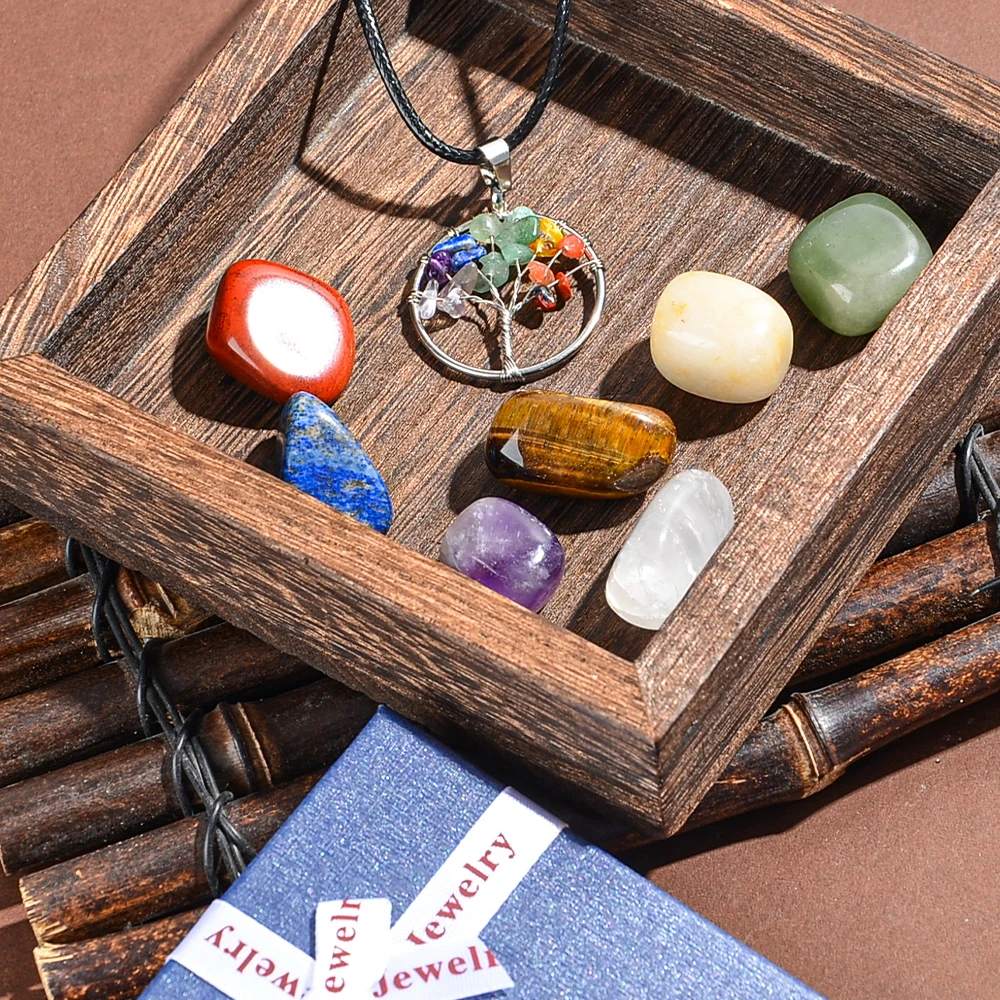 8pcs 7 Chakra Jewel Healing Crystal Necklace with Chakra Rolling Stone - Copper Wrapped Natural Neutral Necklace