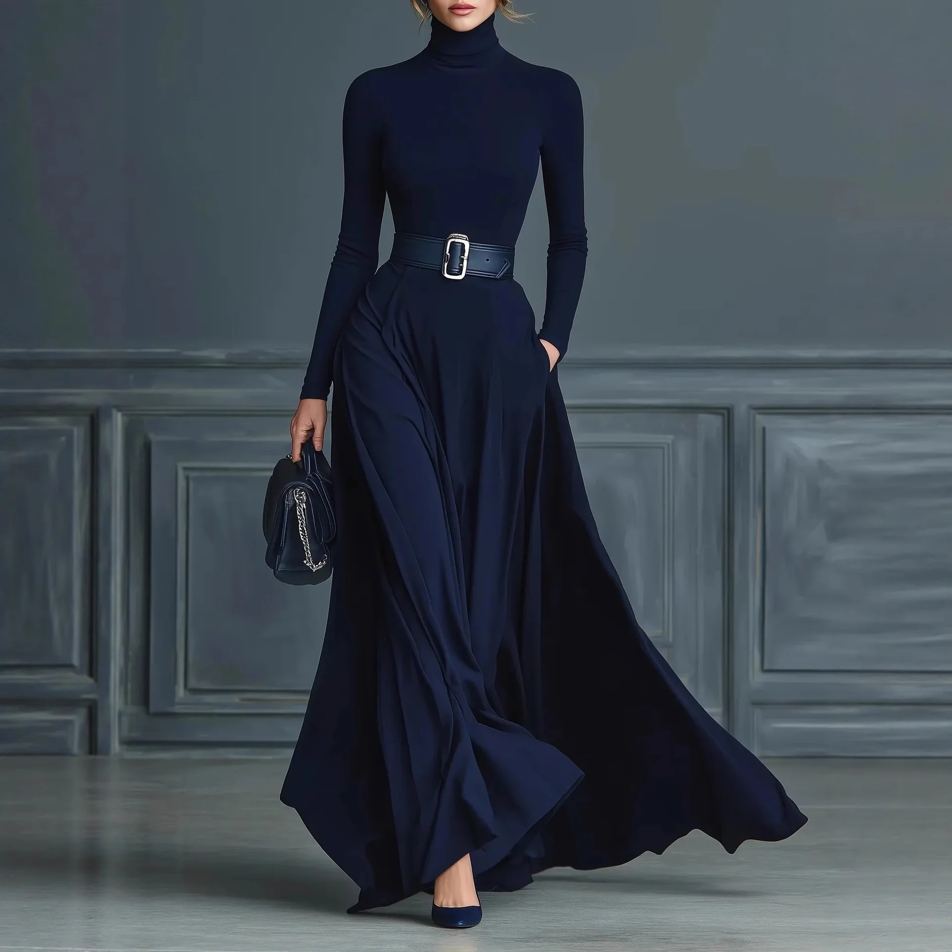 Herbst Neue Frauen Elegante Einfarbig Rollkragen Maxi Kleid Langarm Büro Party Abendkleid Tasche Maxi Kleid Gürtel