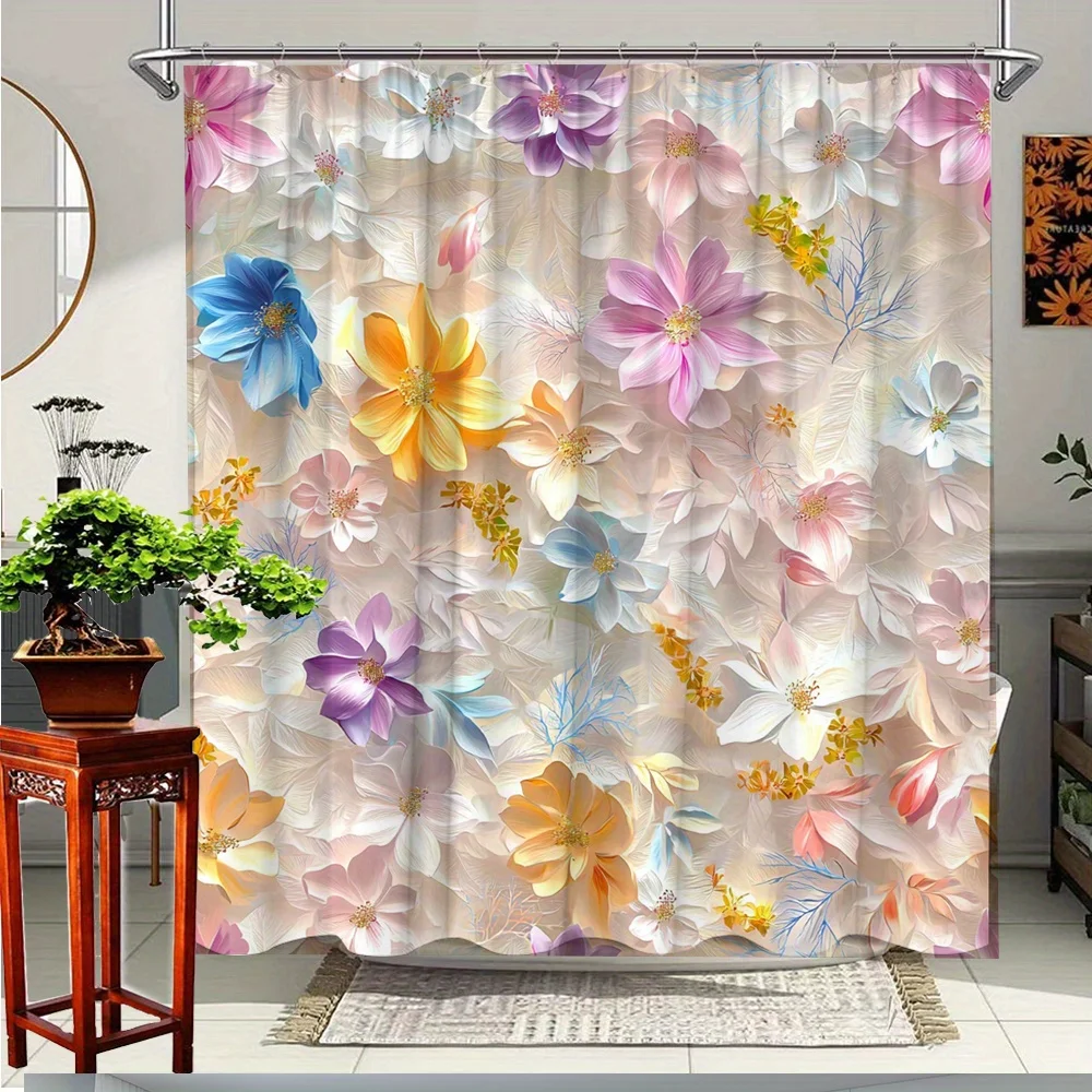 

1pc Floral Shower Curtain Colorful Large Flower Design Adds Dynamic Charm to Bathroom Decor Polyester Fabric Includes 12 Hooks