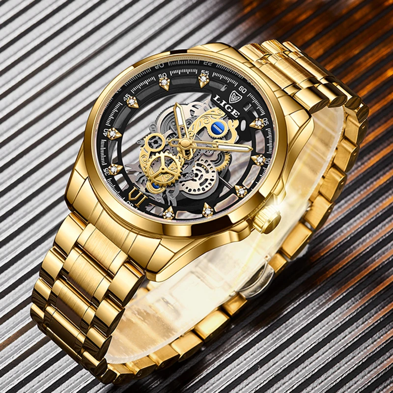 LIGE Top Brand Men\'s Watch Skeleton Quartz Watch Watch Gold Retro Fashion Men\'s Watch Men\'s Gift Top Brand Luxury Reloj Hombre