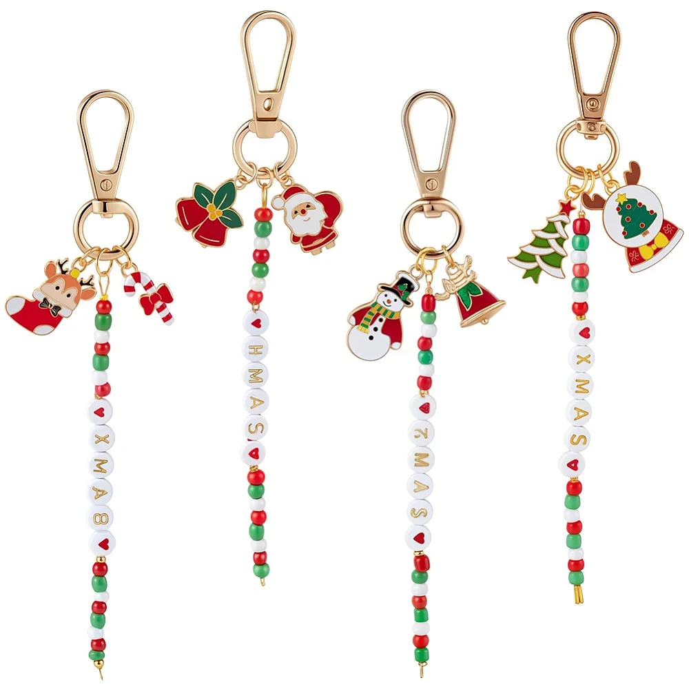 

4Pcs 4 Styles Christmas Glass Seed Alloy Enamel Pendant Decorations with Alloy Swivel Clasps Mixed Color 150mm 1pc/style